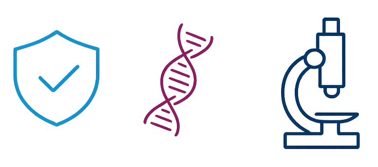 Illustrationer fem punkter transp Ikoner som visar ett veriferingsmärke, en DNA-molekyl oc ett mikroskop